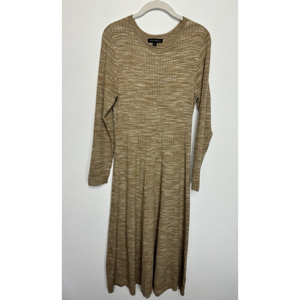 Banana Republic Sz S Knitted Sweater Dress Midi Marled Tan Brown Ribbed Stretch